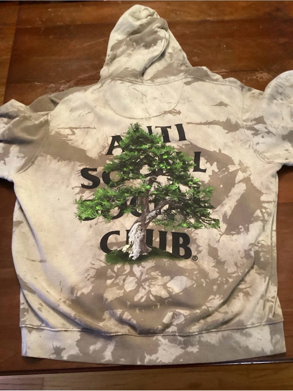 Anti Social Social Club tan Tie-Dye Hoodie with Green Tree Graphic